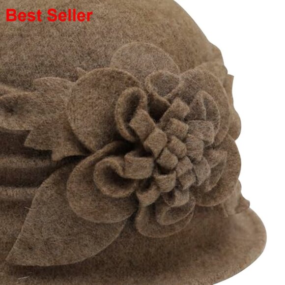 Wool Blend Vintage Winter Cloche Bucket Hat with Stitched Flower Accent main image 6